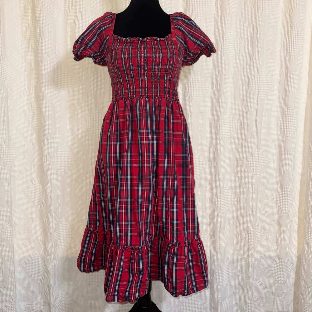 Draper James Plaid Smocked Midi Dress Red Navy Blue Puff Sleeve Pockets S